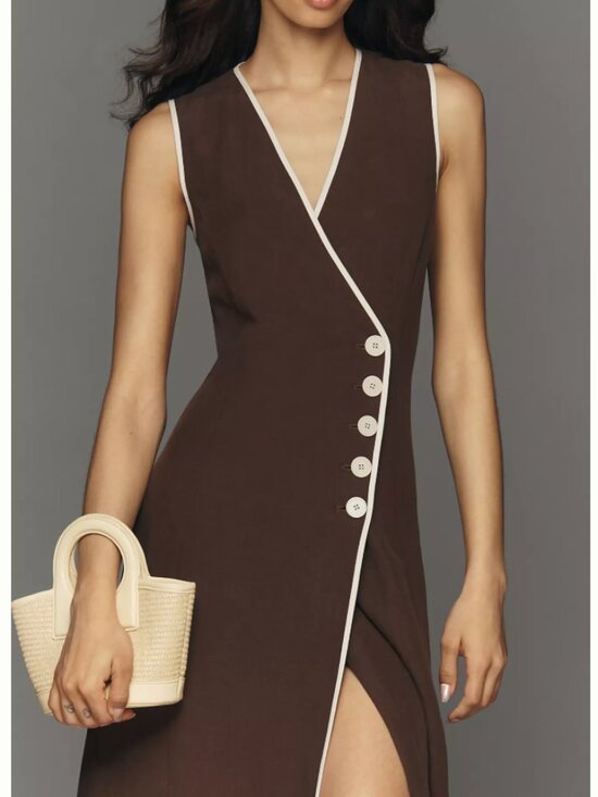 Anthropologie Dresses & Skirts - *Petite* Anthropologie Mare Mare Linen Asymmetric Button Midi Dress Hot Fudge